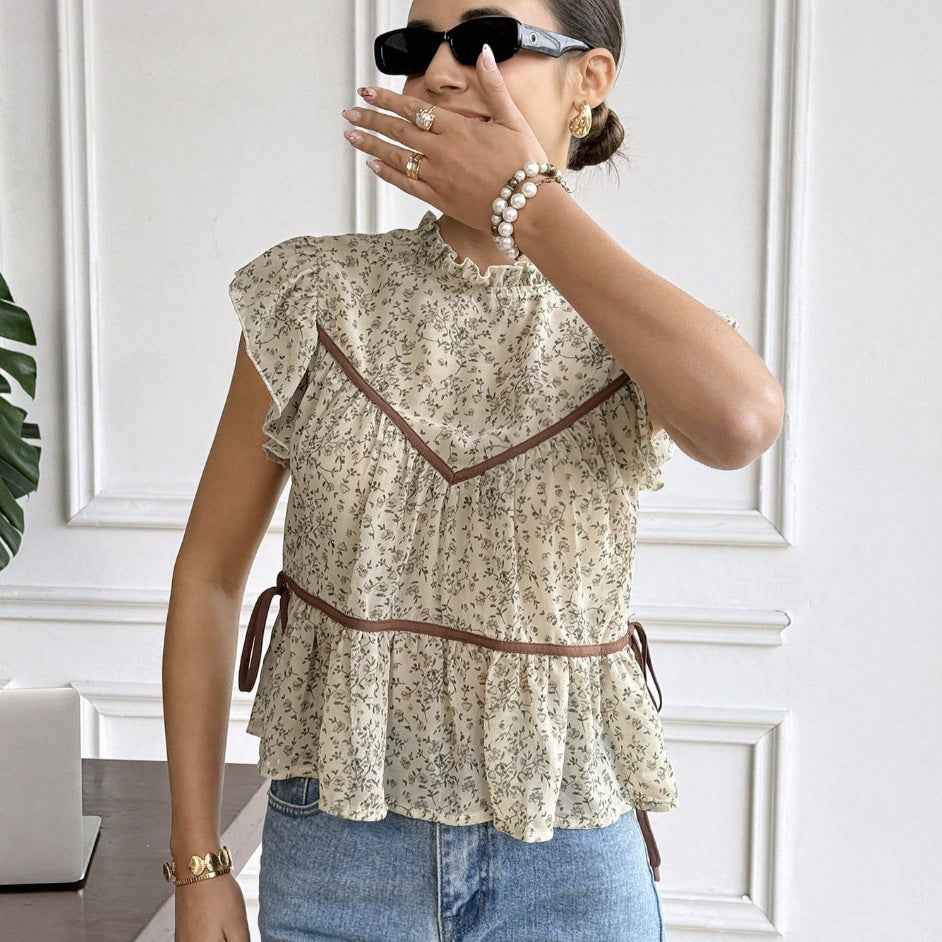 Floral Print V-Neck Ruffle Sleeve Chiffon Blouse — Apricot