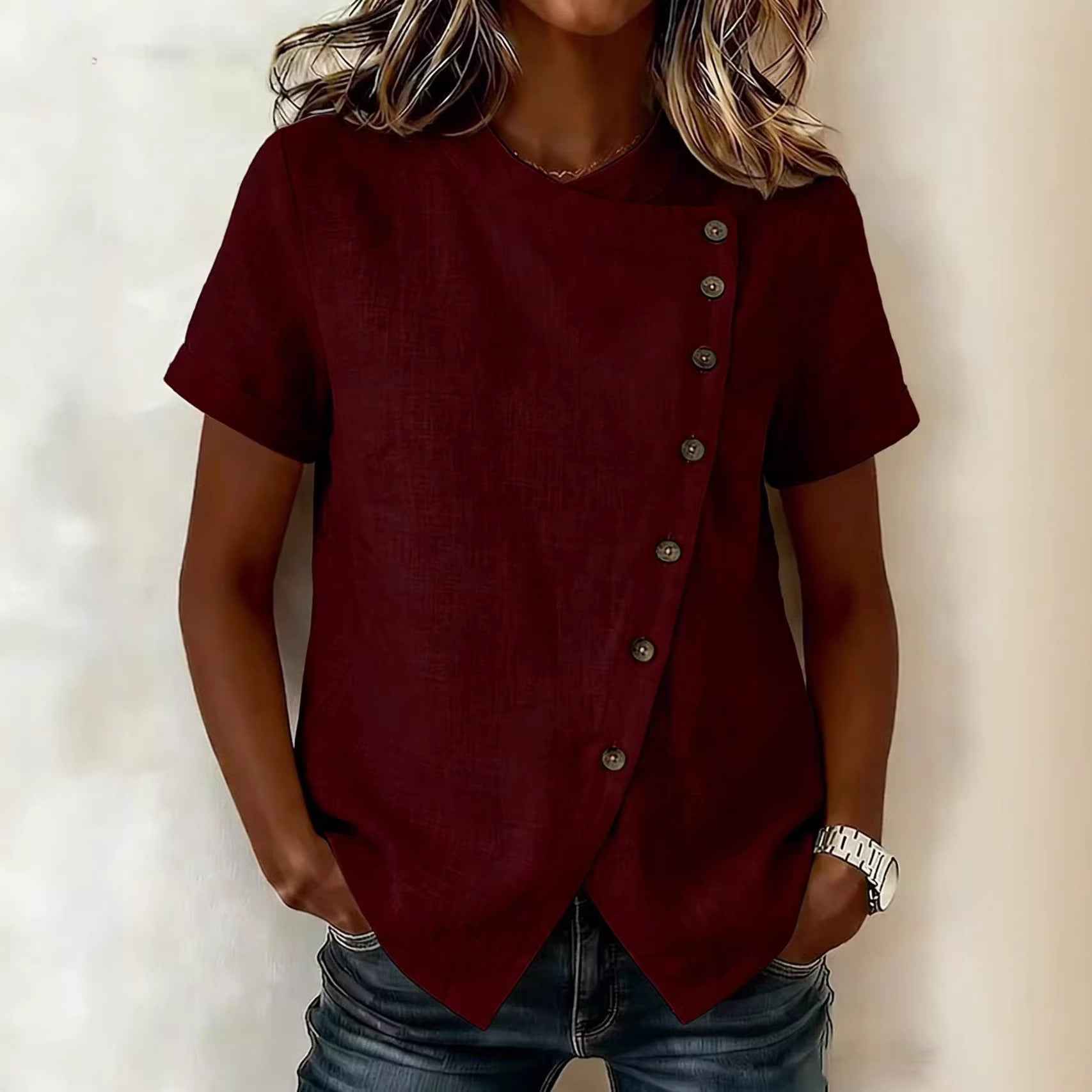 Cross-Neckline Asymmetrical Short-Sleeve Top – Loose Casual Fit