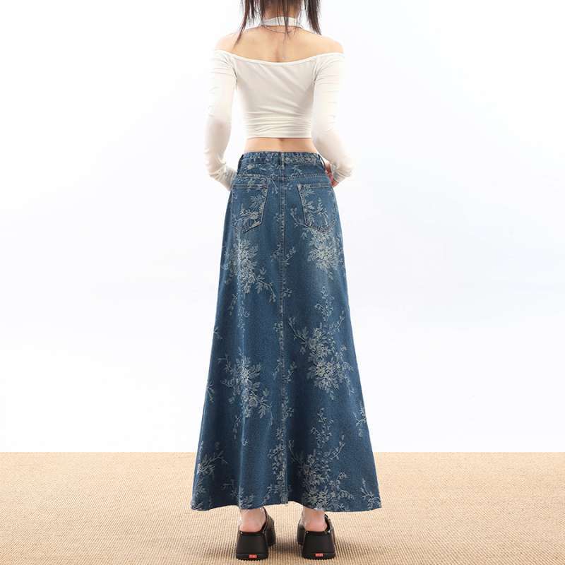 High-Waisted Jacquard Denim Skirt – French Retro