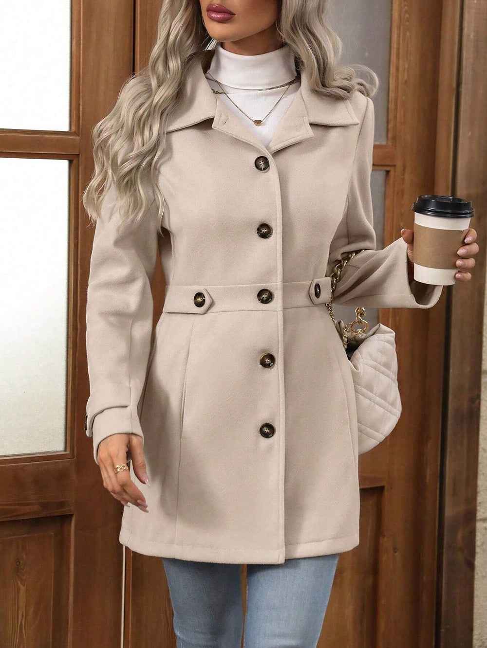 Women's Wool-Blend Lapel Overcoat – Button-Up Elegant Coat