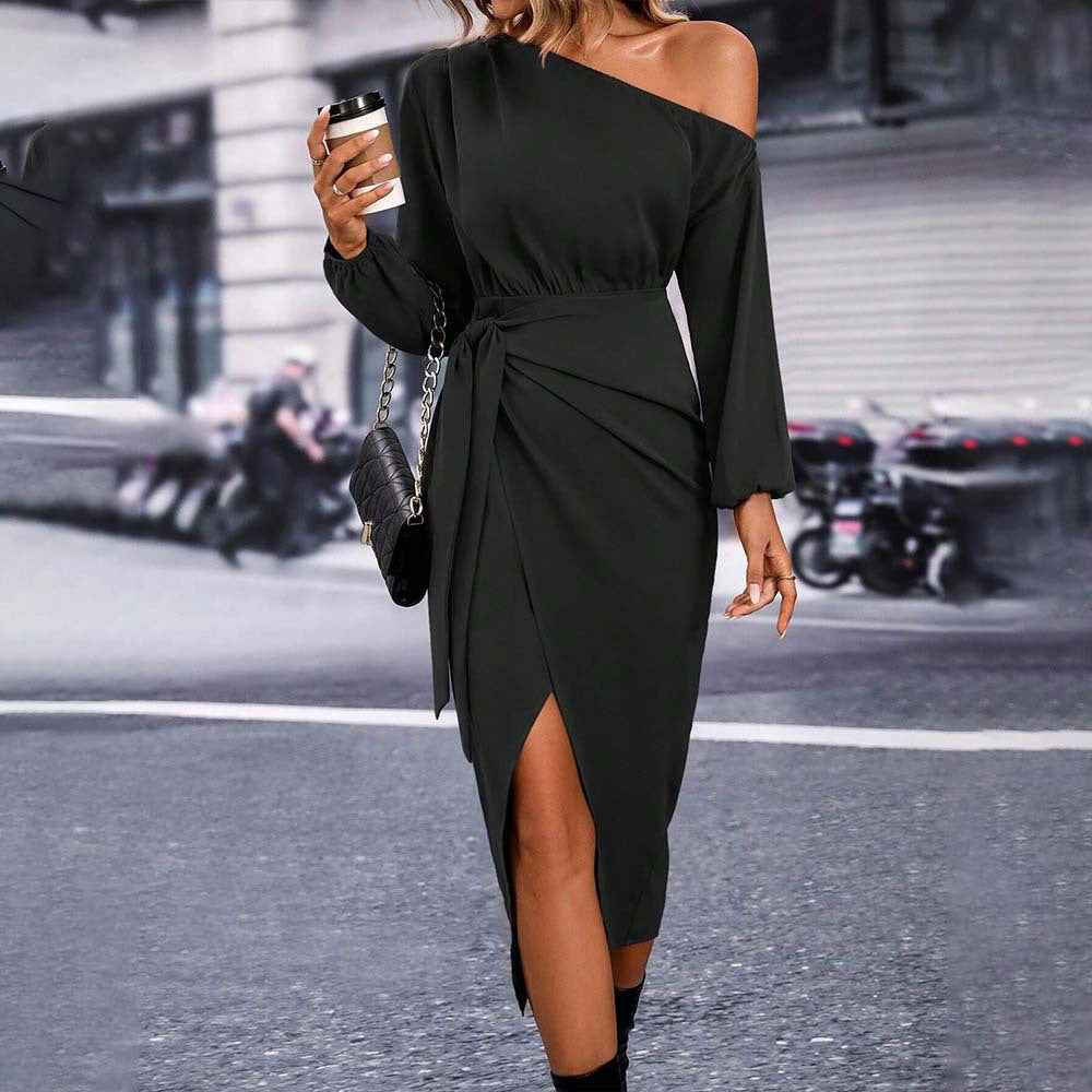 Women's Off-Shoulder Side-Slit Slim-Fit Midi Dress — Black