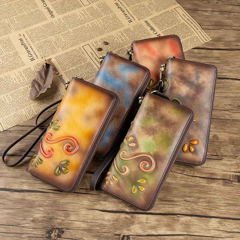 Floral Genuine Leather Zipper Wallet – Retro Style
