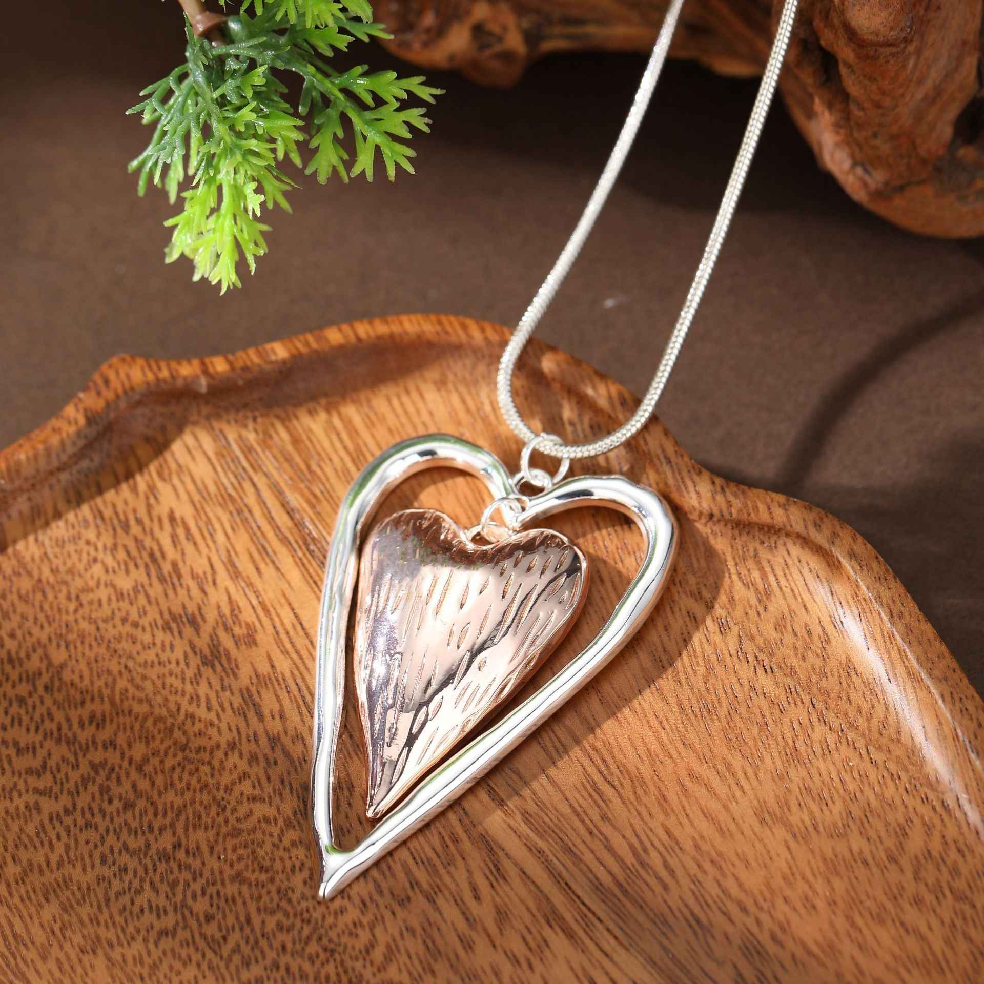 Heart Pendant Long Necklace – Gold & Rose Gold Electroplated Alloy
