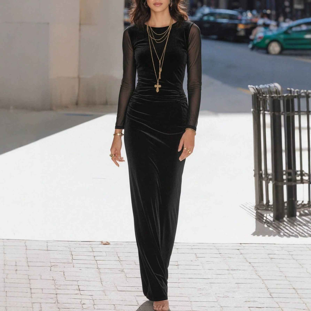 Black Velvet And Mesh Long-sleeve Dress