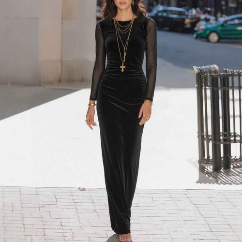 Black Velvet And Mesh Long-sleeve Dress