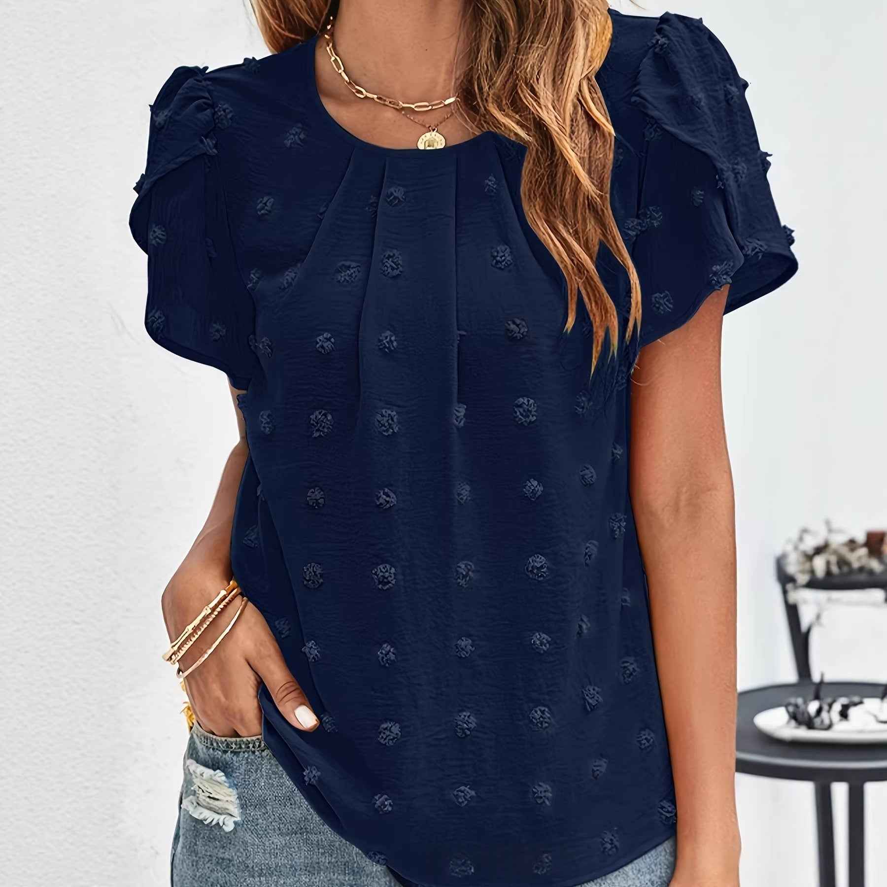 Ruffled Chiffon Top – V-Neck, Puff Sleeves & Pom-Pom Detail