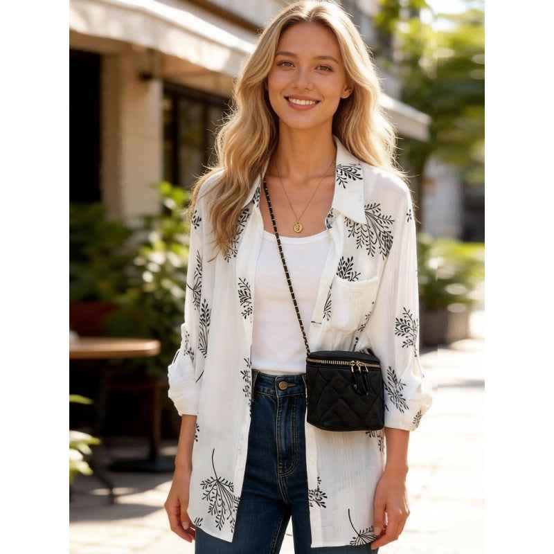 Printed Loose-Fit Womens Long-Sleeve Shirt Cuffed Sleeves Casual Style