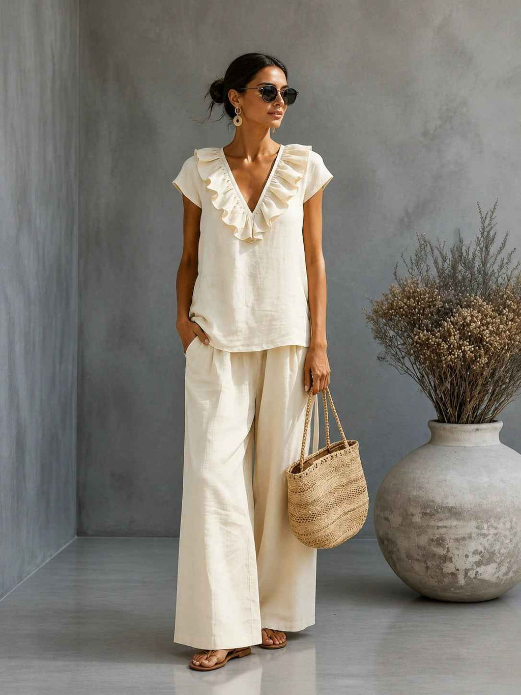 V-Neck Ruffled Hem T-Shirt & Wide-Leg Pants Set — 4 Colours