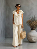 V-Neck Ruffled Hem T-Shirt & Wide-Leg Pants Set — 4 Colours