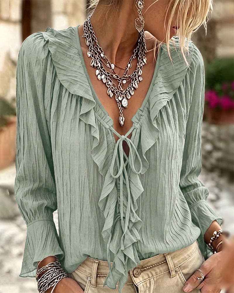 Ruffled Ruffle-trimmed Flared-sleeve Pleated Long-sleeve V-neck Top