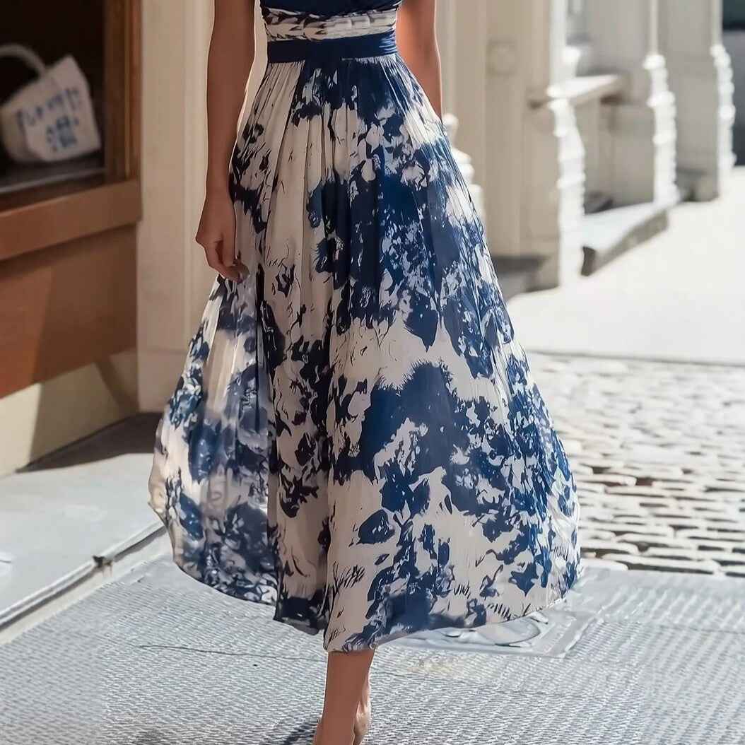 Blue & White Porcelain Print Flared Dress – V-Neck Sleeveless – JOSEI