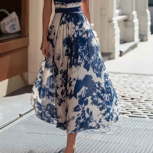 Blue & White Porcelain Print Flared Dress