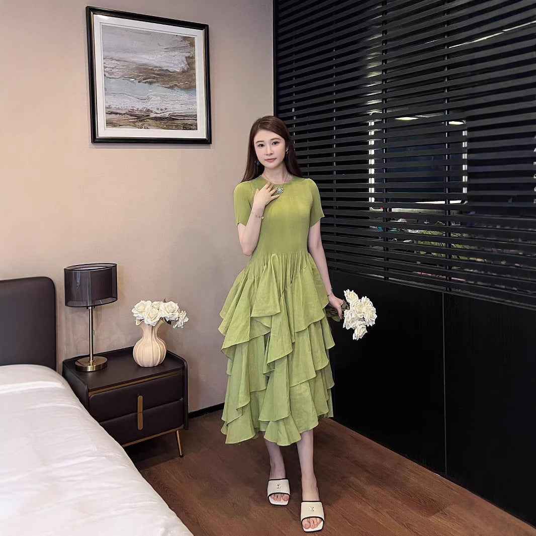 Women's High-Waist Tiered Pleated Midi Dress