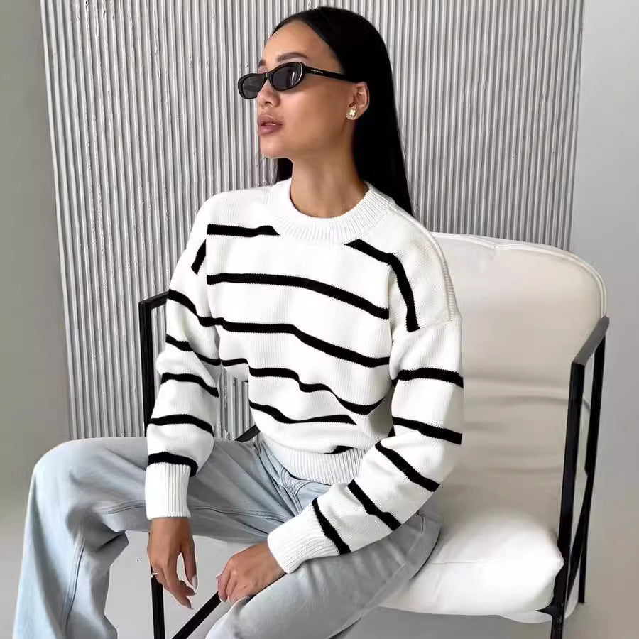 Loose-Fit Striped Long-Sleeve Pullover Top