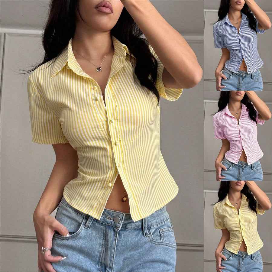 Women's Striped V-Neck Blouse – Slim Fit Short Sleeve