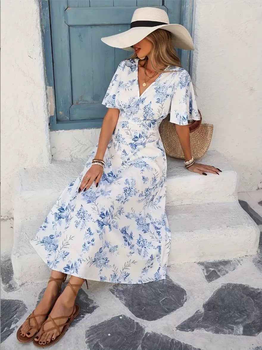 Floral Print Short-Sleeve Maxi Dress — High-Waist Beach Dress
