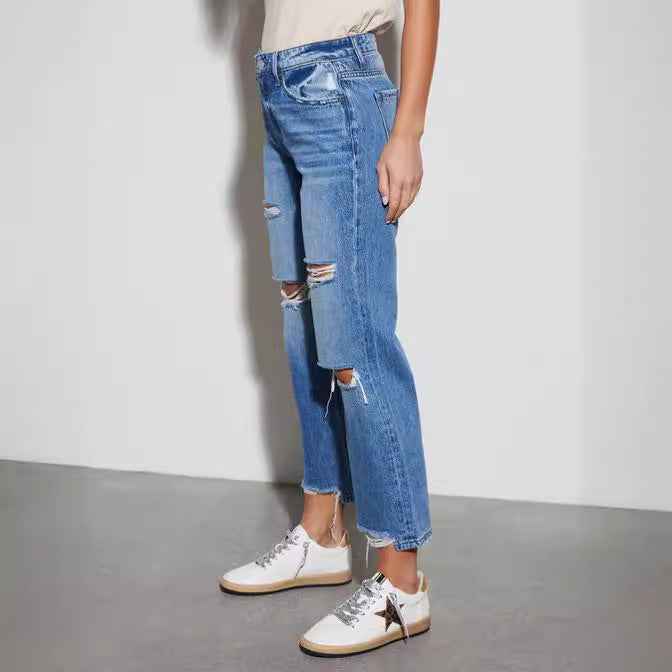 High-Waist Distressed Straight-Leg Jeans
