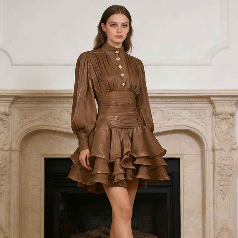 High-Waist Puff-Sleeve Ruffle Hem A-Line Mini Dress