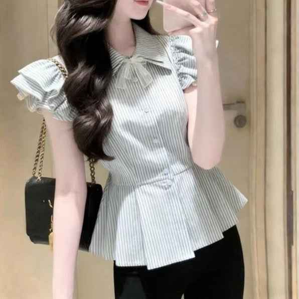 Women's Striped Satin Blouse — Flutter Sleeves, Mock Two-Piece