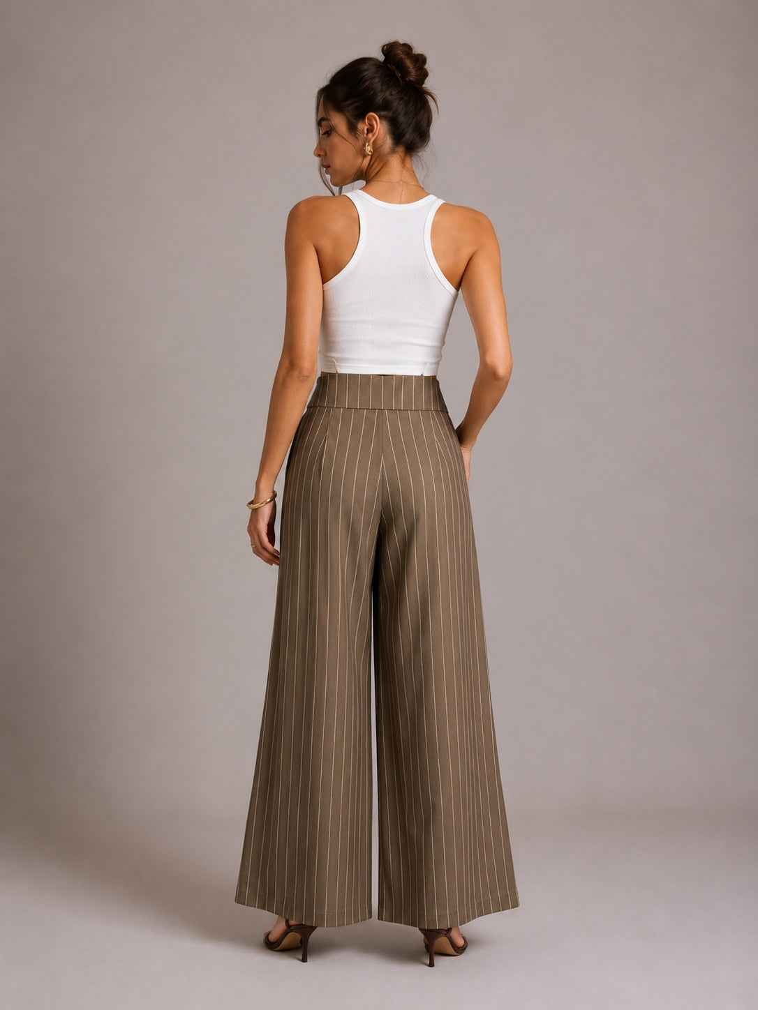Vertical Pinstripe Turn-Down Lapel High Waist Pleated Wide Leg Tailored Pants