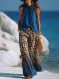 Halter-neck Sleeveless Chiffon Top And Leopard-print Gradient Wide-leg Pants Set
