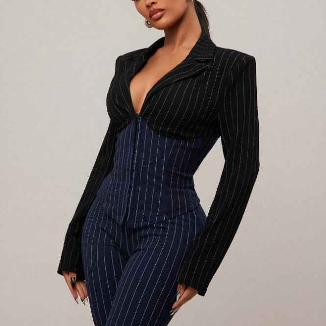 Contrast-Stripe Waist-Cinching Two-Piece Set – Long Sleeve & Wide-Leg Pants