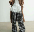 Women's Plaid Wide-Leg Trousers — Double Waistband & 3D Pockets