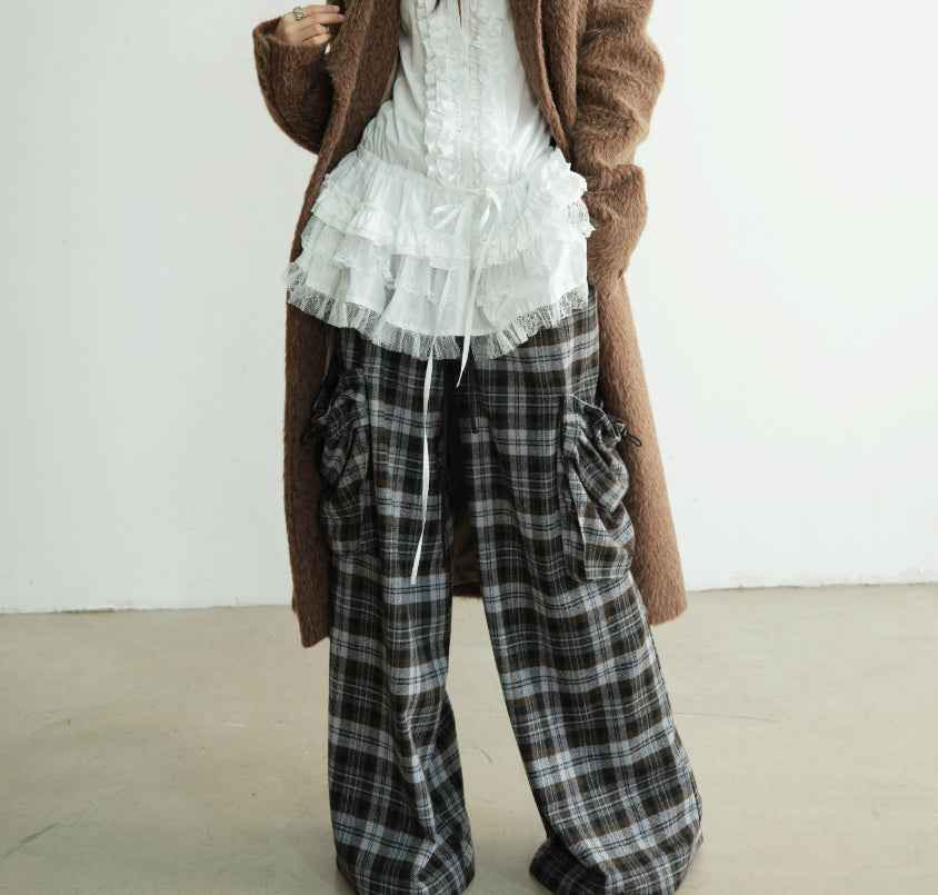 Women's Plaid Wide-Leg Trousers — Double Waistband & 3D Pockets