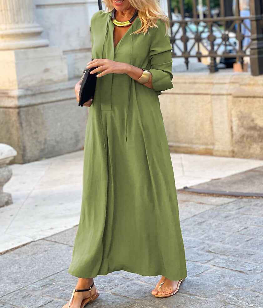 Solid Color V Neck Tie Front Long Sleeve Maxi Dress, Loose Flowy Long Dress For Casual Vacation & Daily Wear