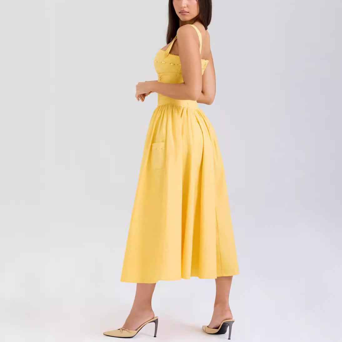 Women's Yellow Strapless Pleated Maxi Dress — A-Line & High Waist