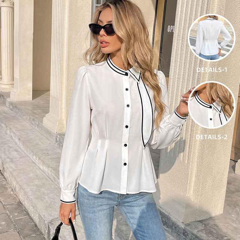 White Shirt With A Fluttering Collar And Contrasting Trim