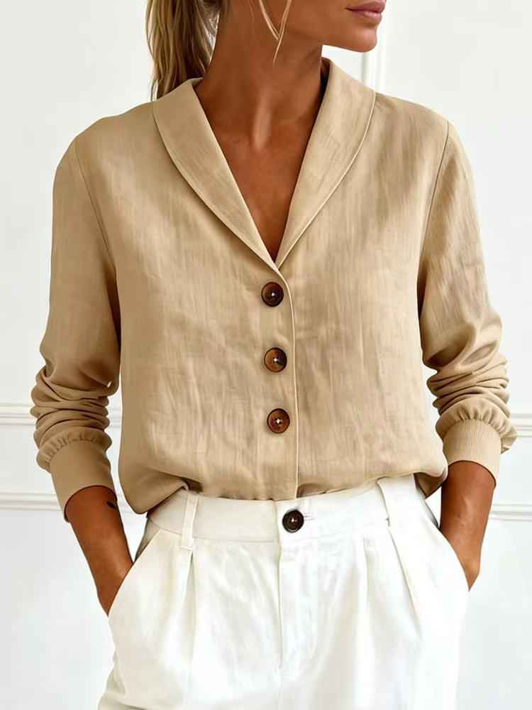 Solid Colour Cotton Long-Sleeve Collar Button-Up Shirt