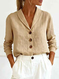 Solid Colour Cotton Long-Sleeve Collar Button-Up Shirt