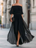 Off-Shoulder Pleated Chiffon Midi Dress — Short Sleeve Slim-Fit