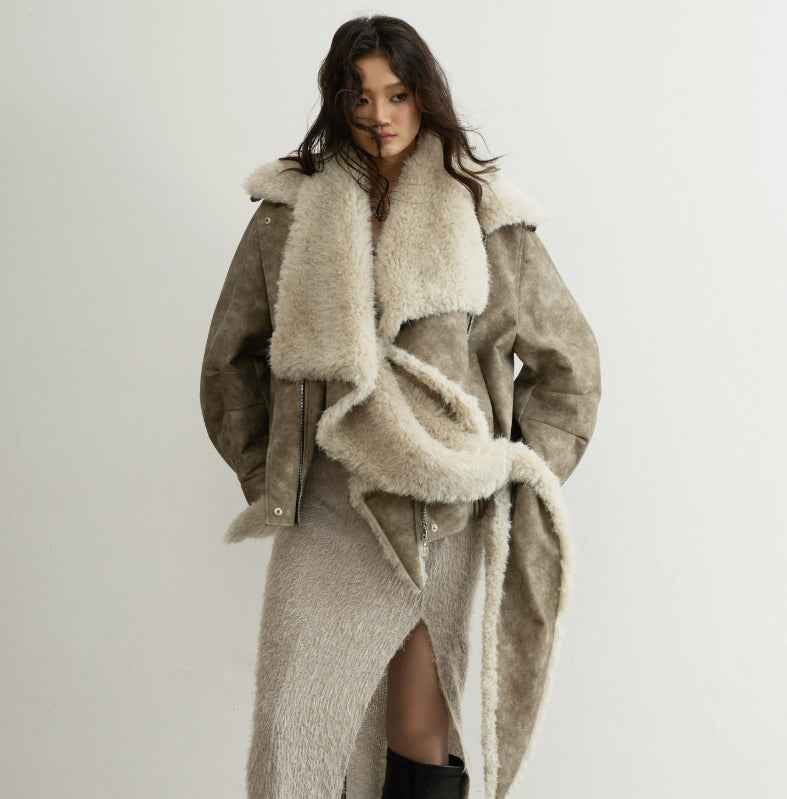 PU Leather Jacket – Detachable Fur Collar, Sand