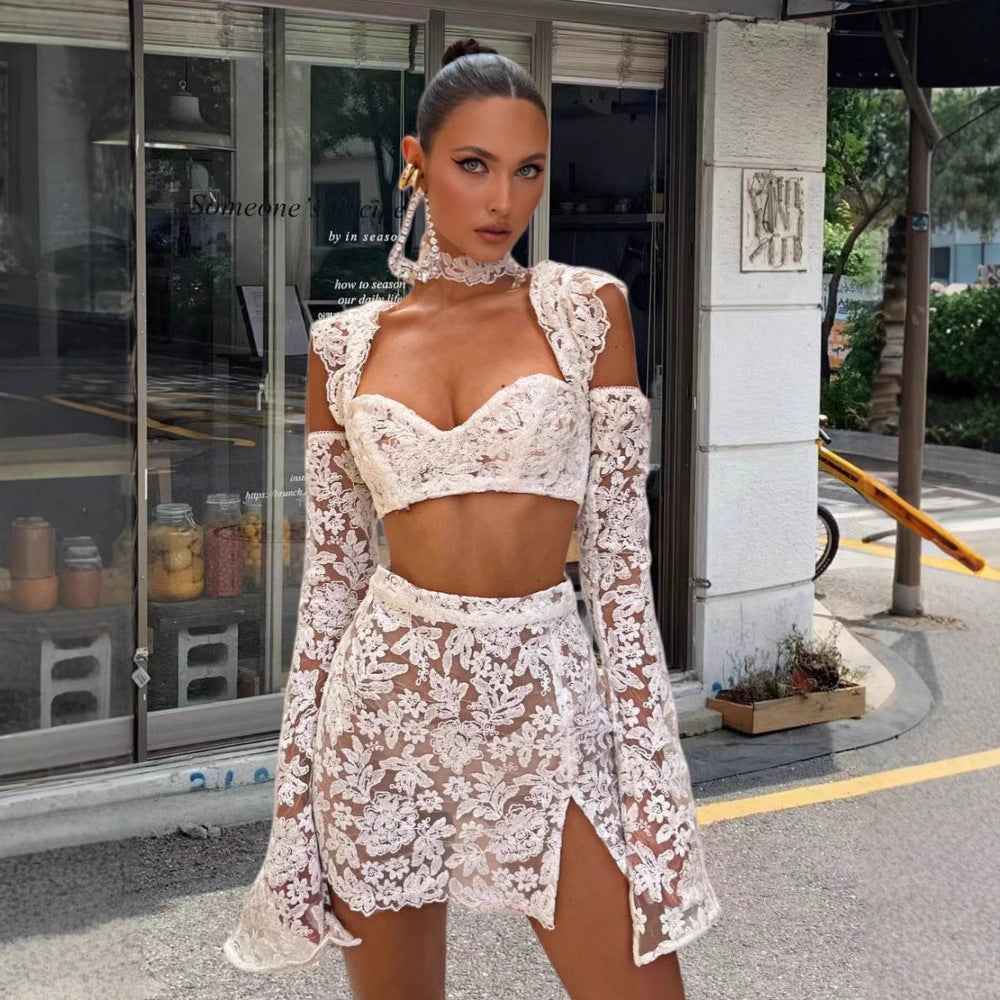 Sexy Sheer Flared-sleeve Top And Skirt Set