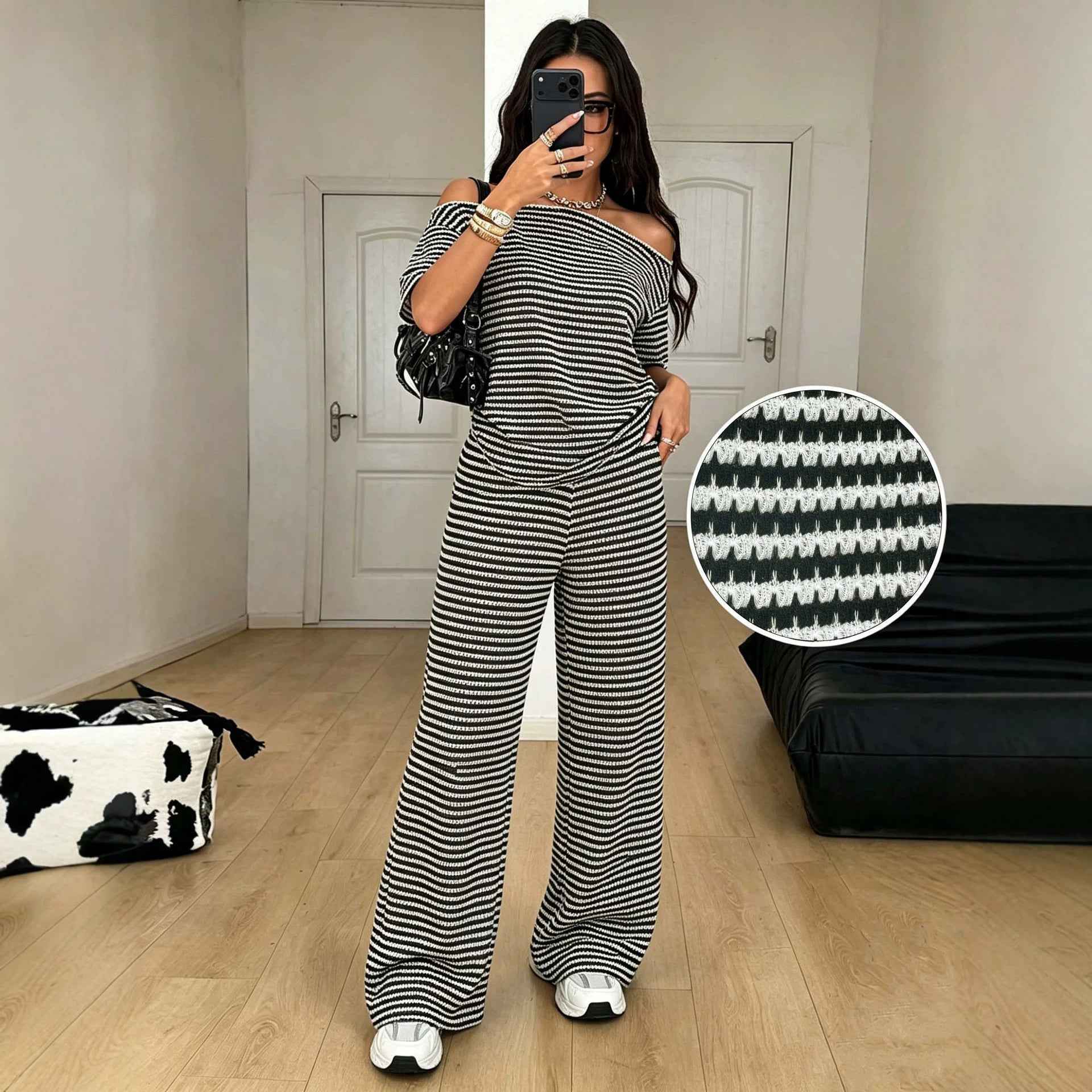 Slimming Casual Two-piece Set Top Wide-leg Trousers