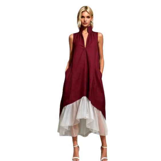 Women's Short-Sleeve V-Neck Asymmetric Ruffle Maxi Dress