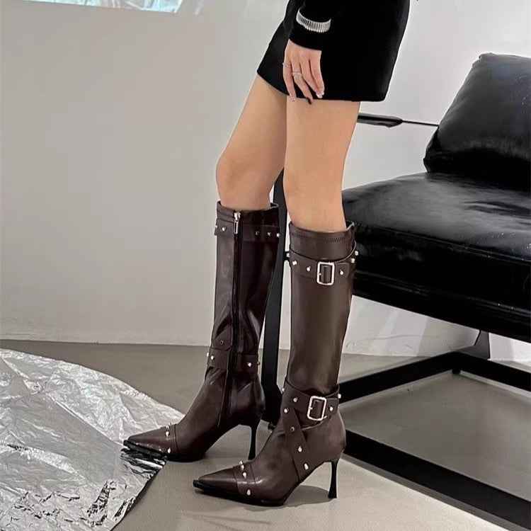 Pointed-Toe Rivet Buckle High-Heel Long Boots