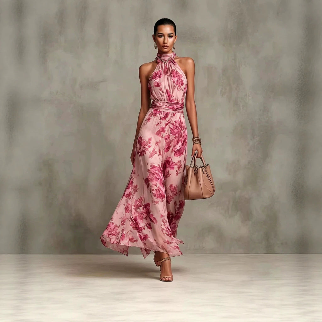 Printed Chiffon Halter-Neck Maxi Dress