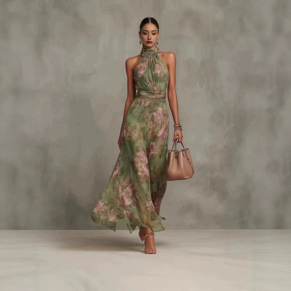 Printed Chiffon Halter-Neck Maxi Dress