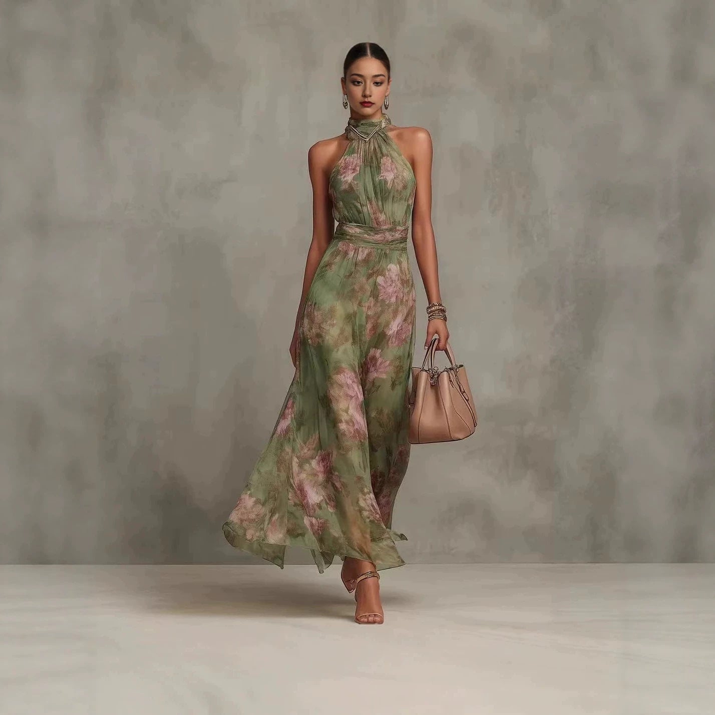 Printed Chiffon Halter-Neck Maxi Dress