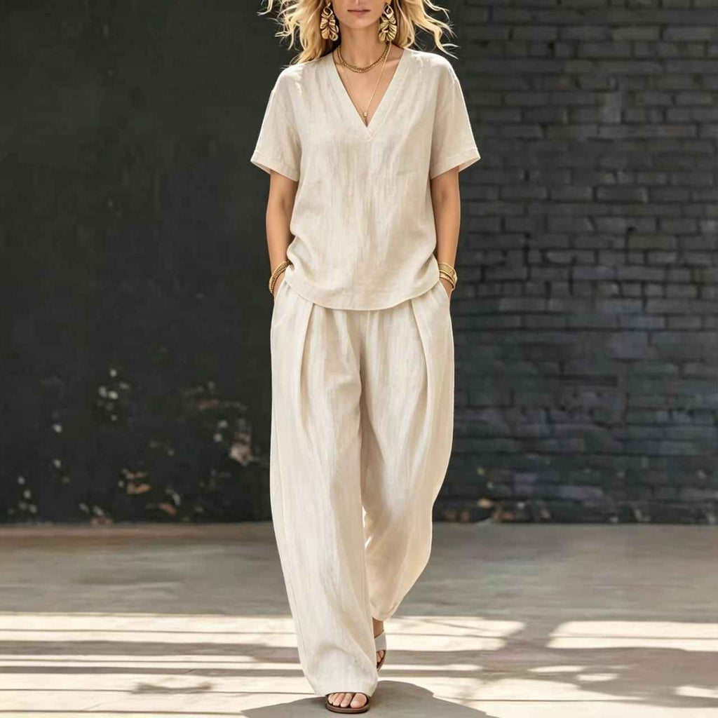 Fashionable Commuter V-Neck Solid-Color Set