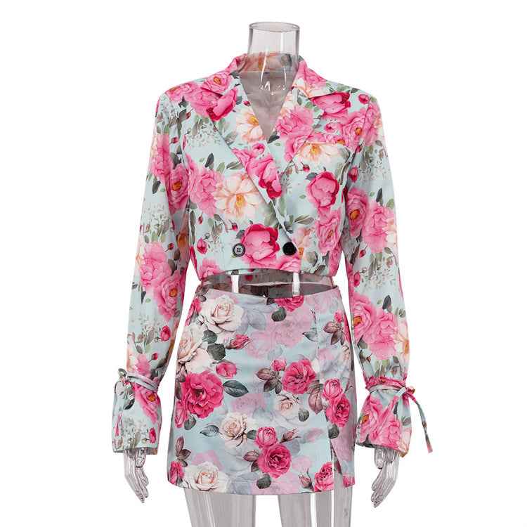 Women's Floral Print Blouse & Mini Skirt Set — Elegant Office Style, S–L