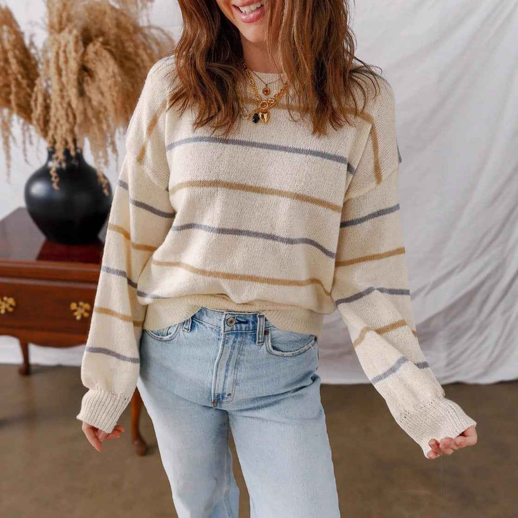 Contrast-Colour Striped Patchwork Loose Pullover Sweater