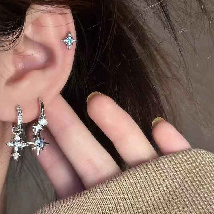 Sweet & Cool Style Blue Sparkling Rhinestone Eight-Pointed Star Drop Earrings For Women, Fashion Versatile Elegant Star Pendant Huggie Ear Jewelry
