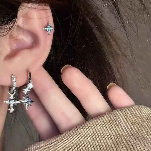 Sweet & Cool Style Blue Sparkling Rhinestone Eight-Pointed Star Drop Earrings For Women, Fashion Versatile Elegant Star Pendant Huggie Ear Jewelry