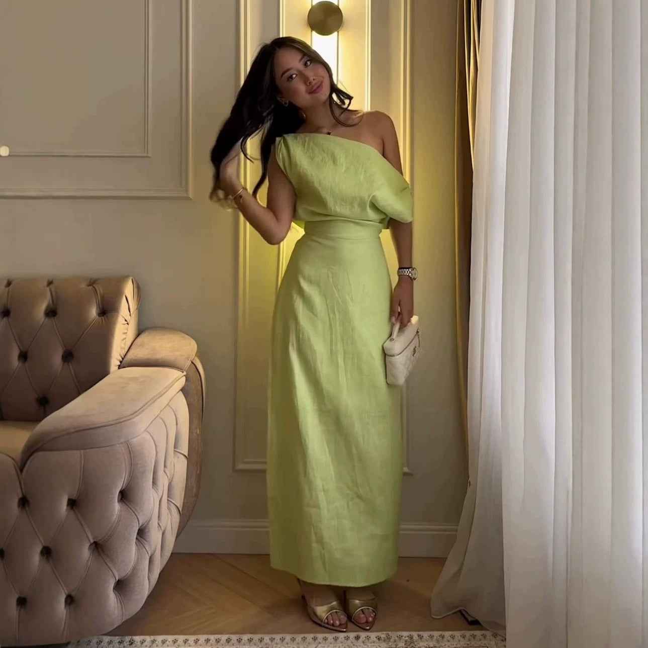 Solid-color Waist-cinching Casual Dress For Women