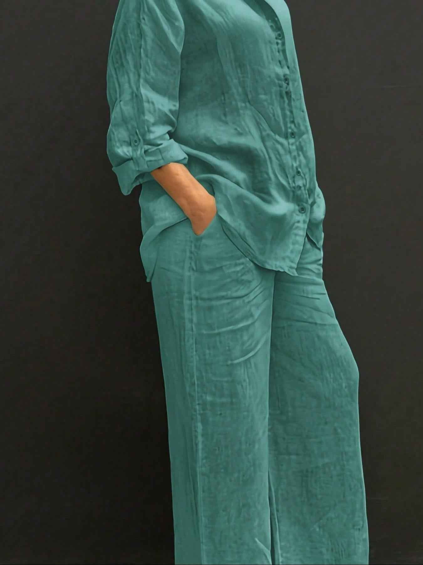 Reversible Long-sleeve Shirt Elastic-waist Trousers Solid-color Set