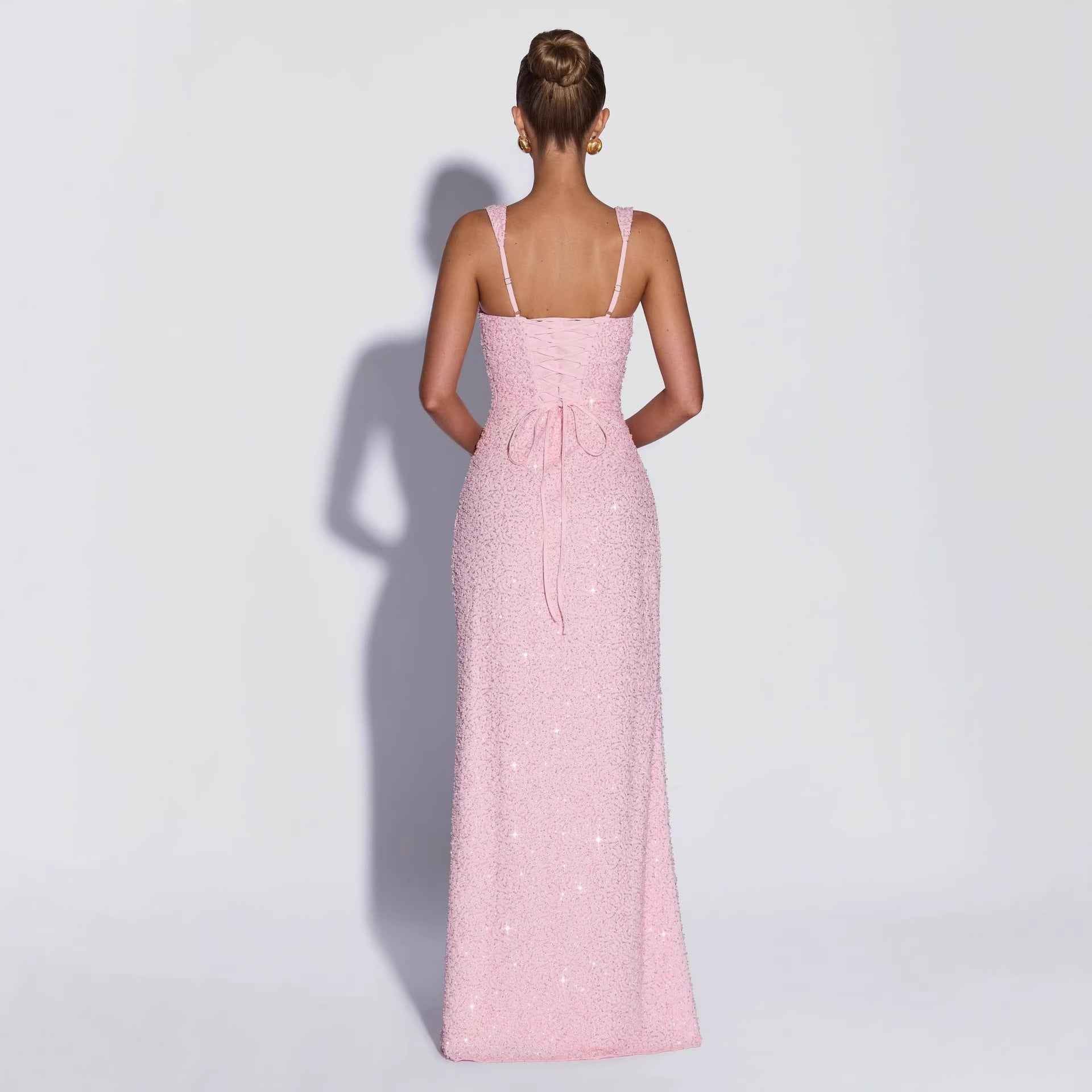 Sequined Solid-color Strapless Sleeveless Slip Dress With A Slit And A Fitted Waist